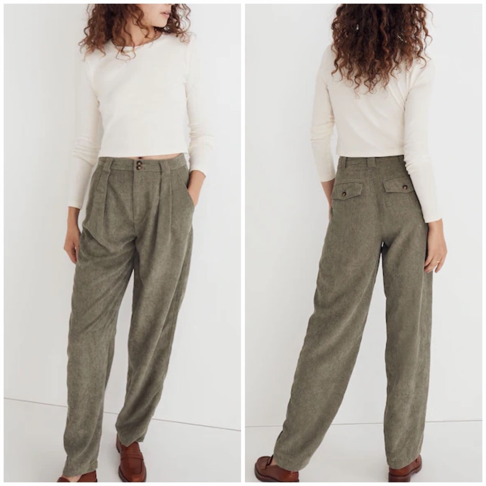 Madewell Olive Green High-Rise Pleated Corduroy Pants